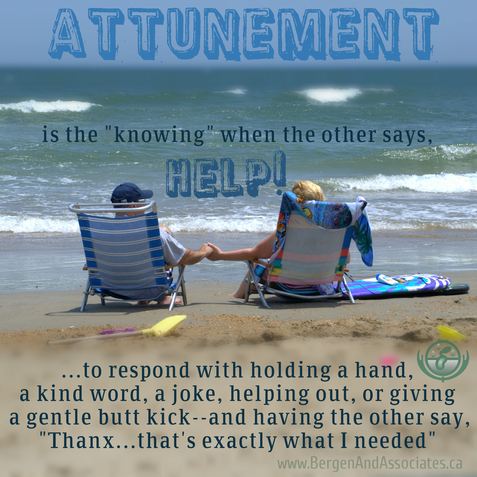 Attunement is knowing when the other says, "Help" to respond with a gentle touch, a hug, a rebuke or a gentle kick in the pants, and hearing the other person say, "Thanx, that's exactly what I needed"